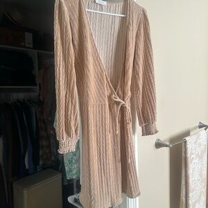 Sage Beige Wrap Mini Dress with Smocked Cuffs